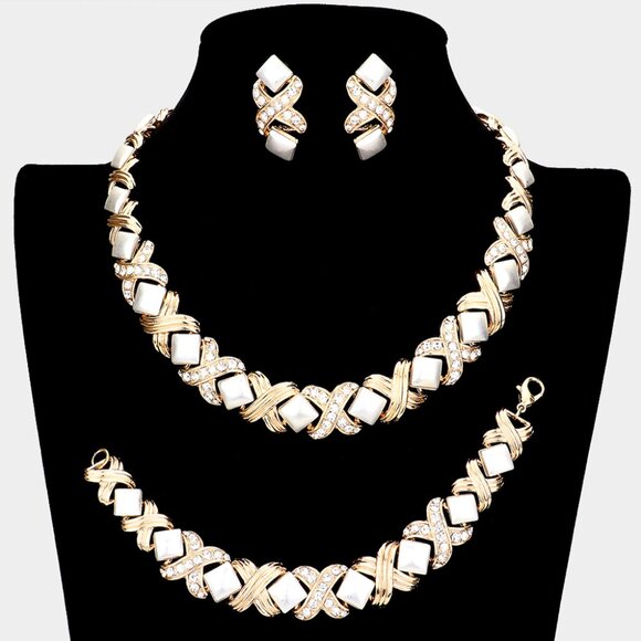 3PCS Pave Crystal Rhinestone Crisscross Necklace Jewelry Set - Picture 1 of 1